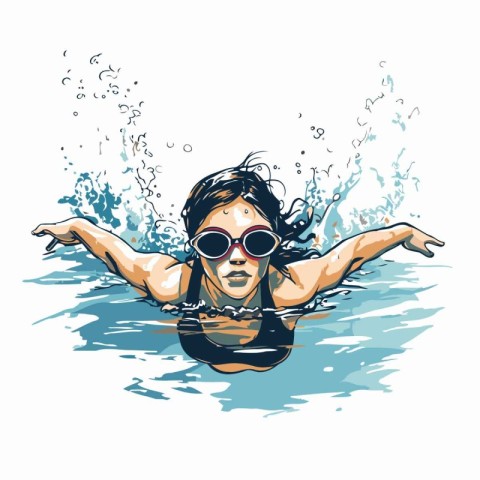 Vector illustration of a girl in swimsuit and sunglasses swimmin