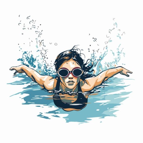 Vector illustration of a girl in swimsuit and sunglasses swimmin