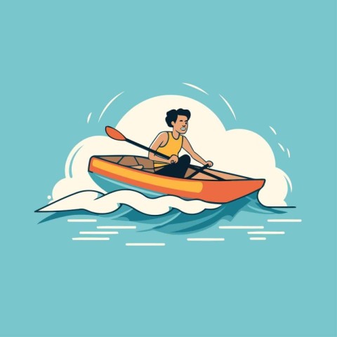 Man in a kayak on the waves. Flat style vector illustration.