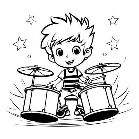 Cute Little Boy Playing Drums - Black and White Cartoon Illustra