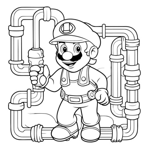 Black and White Cartoon Illustration of Little Plumber or Plumbe