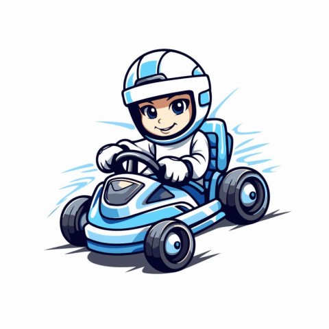 Cute cartoon karting boy driving a race car. Vector illustration