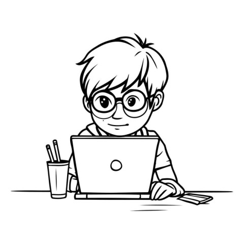 Boy with Laptop - Black and White Cartoon Illustration. Vector