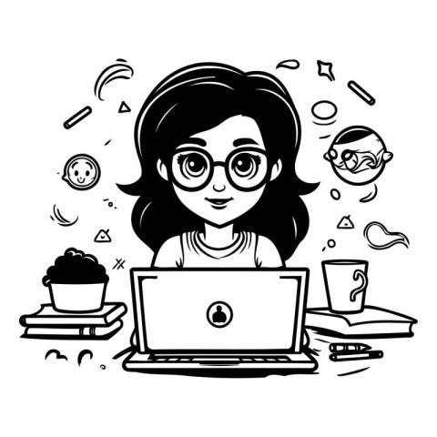 Black and white illustration of a girl with glasses working on a