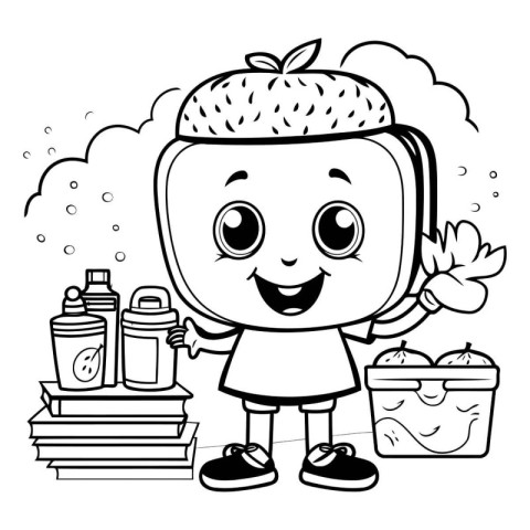 Coloring book for children: boy with a strawberry and cleaning p