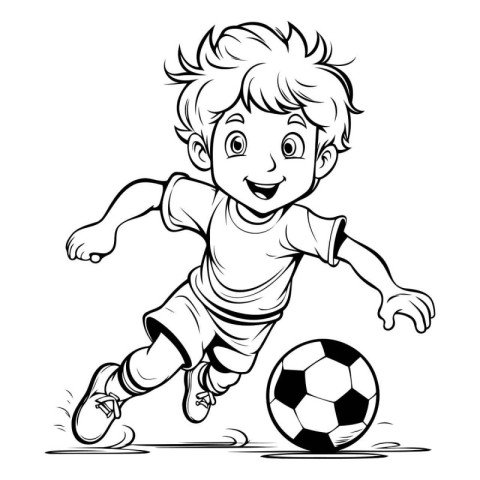 Soccer player with ball. Black and white vector illustration for