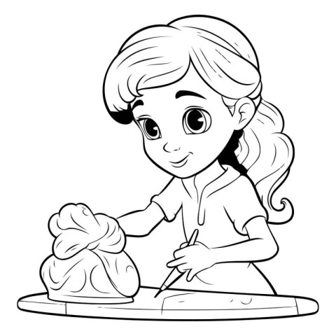 Black and White Cartoon Illustration of Cute Little Girl with Ic