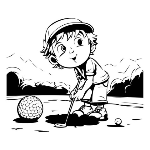 Boy playing golf - Black and White Vector Illustration. Isolated