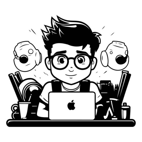 Boy using laptop at home. Black and white vector illustration in