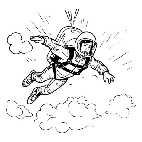 Skydiving. Black and white illustration of a skydiver jumping.