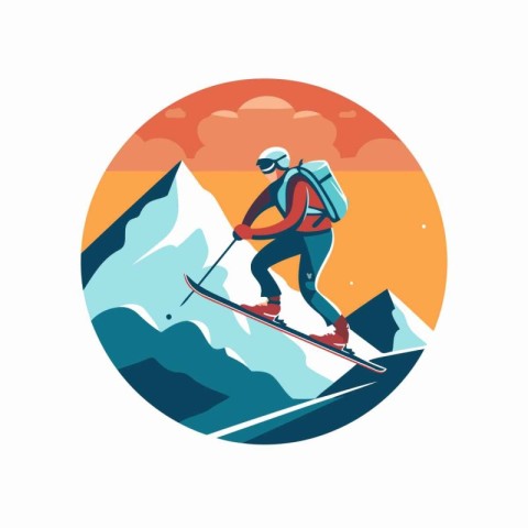 Skiing in the mountains. Vector illustration in flat style.