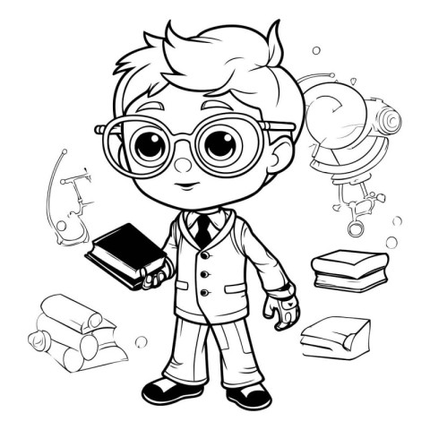 Coloring book for children: boy with glasses and books. Vector i