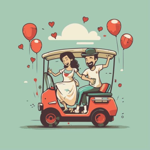 Couple in love riding a tuk tuk. Vector illustration.