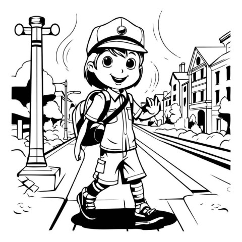 Vector illustration of a boy on the city street. Black and white