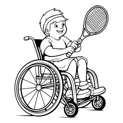 Vector illustration of a disabled boy in a wheelchair with tenni