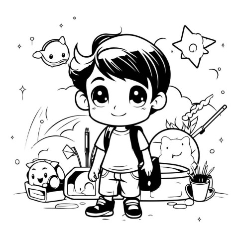 Vector illustration of a little boy with a backpack and a magic