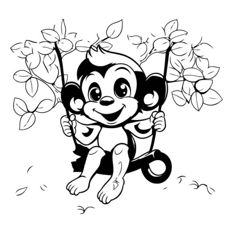 Cute monkey swinging on a swing. Vector illustration for colorin