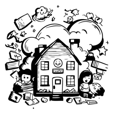 Black and White Cartoon Illustration of Kids Learning Outside of