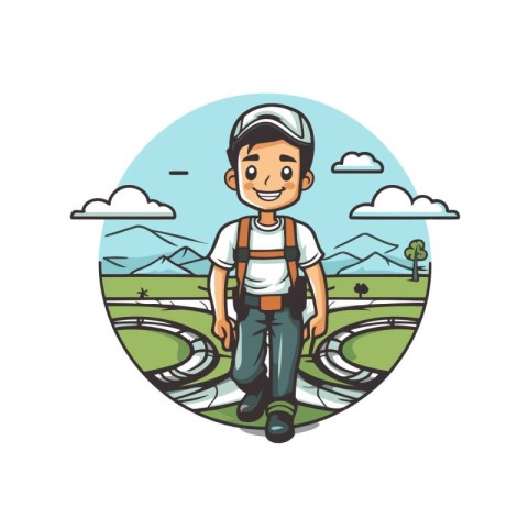 Man with a backpack on the road. cartoon vector illustration on