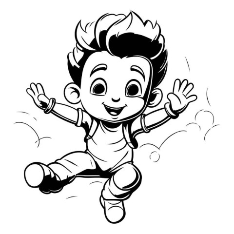 Boy Jumping - Black and White Cartoon Illustration. EPS10