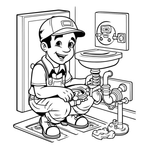 Plumber repairing a toilet. Black and white vector illustration