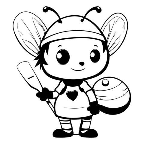 Cartoon bee holding a baseball bat. Black and white vector illus