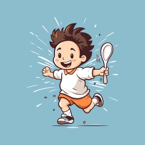 Little boy playing badminton. Vector illustration. Cartoon style