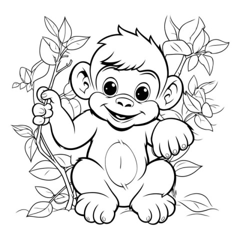 Coloring book for children: baby monkey with a branch of flowers