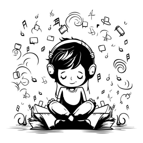 Cute little boy sitting in lotus position and listening to music