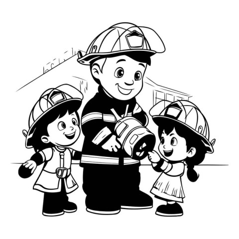 Vector illustration of fireman and children. Black and white ver