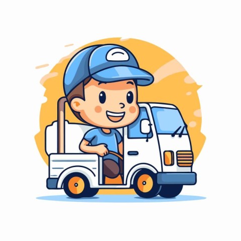 Cute cartoon delivery boy in uniform with truck. Vector illustra