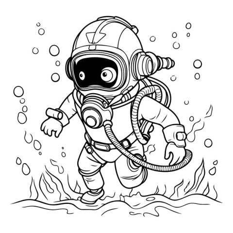 Astronaut in the sea. Vector illustration for coloring book.