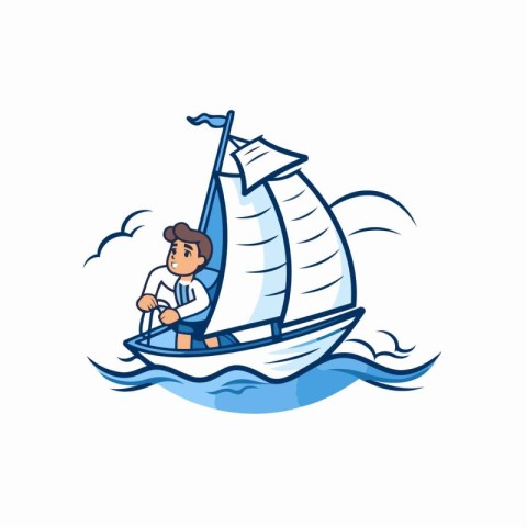 Businessman sailing on a sailboat in the sea. Vector illustratio