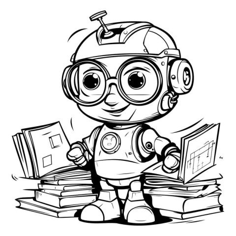 Vector illustration of Cute cartoon astronaut with books. Colori