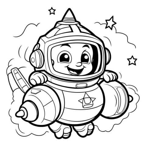 Black and White Cartoon Illustration of Cute Astronaut Character