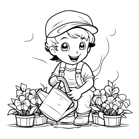 Black and White Cartoon Illustration of Cute Little Boy Gardener