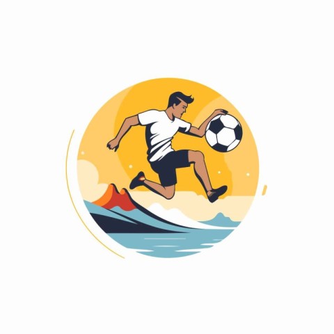 Soccer player in action on the waves. Vector illustration in a f