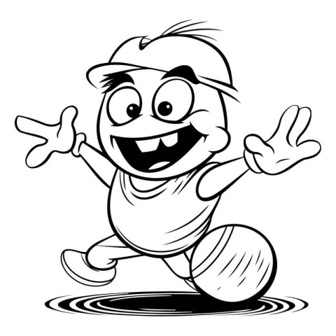 Black and White Cartoon Illustration of a Kid Playing Baseball o