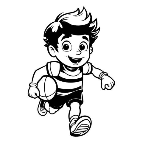 Cute little boy playing basketball. Black and white vector illus