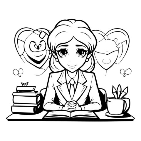 Black and white illustration of a young businesswoman sitting at