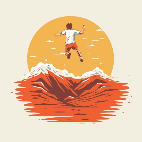 Man jumps from the mountain to the sea. Vector illustration in r