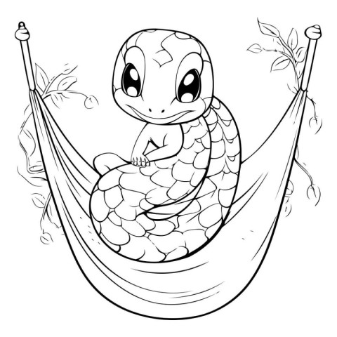 Cute snake in a hammock. Black and white vector illustration for