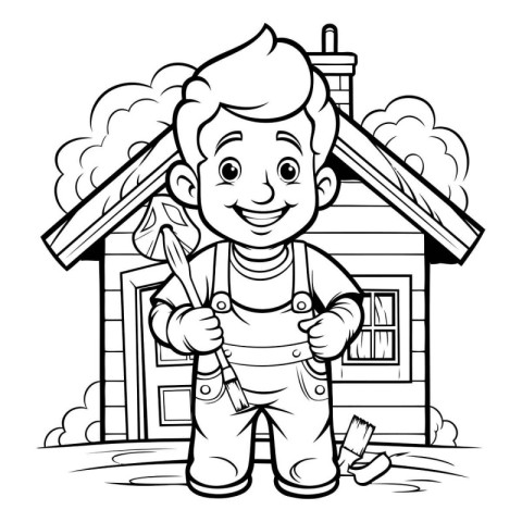 Black and White Cartoon Illustration of Kid Boy with Wooden Hous