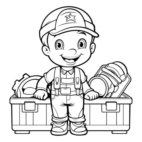 Black and White Cartoon Illustration of Cute Little Fireman or F