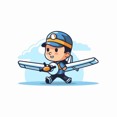 Cute little boy in pilot costume with airplane cartoon vector Il