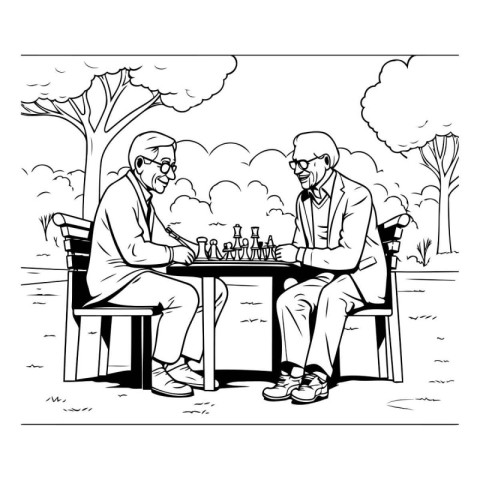 Senior couple playing chess in the park. black and white vector