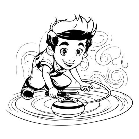 Boy playing with a kettle in the water. black and white vector i