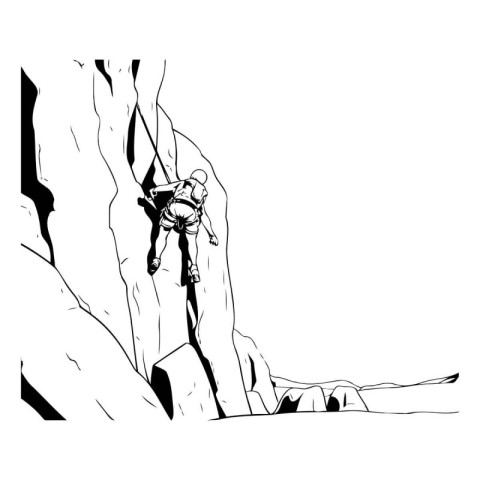 Rock climber climbing on a cliff. Black and white vector illustr