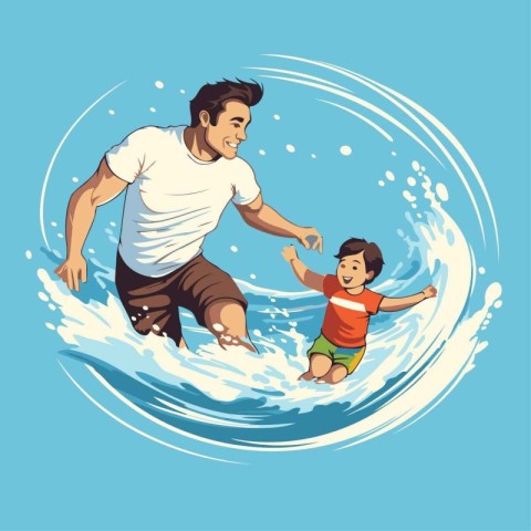 Father and son surfing on the waves. Vector illustration in cart