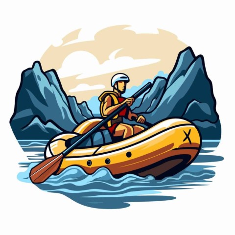 Kayaking in the mountains. Vector illustration of a man in a kay